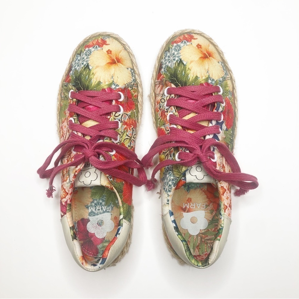 Farm Rio Floral Print Sneaker Canvas Jute Raffia Pink Size 35